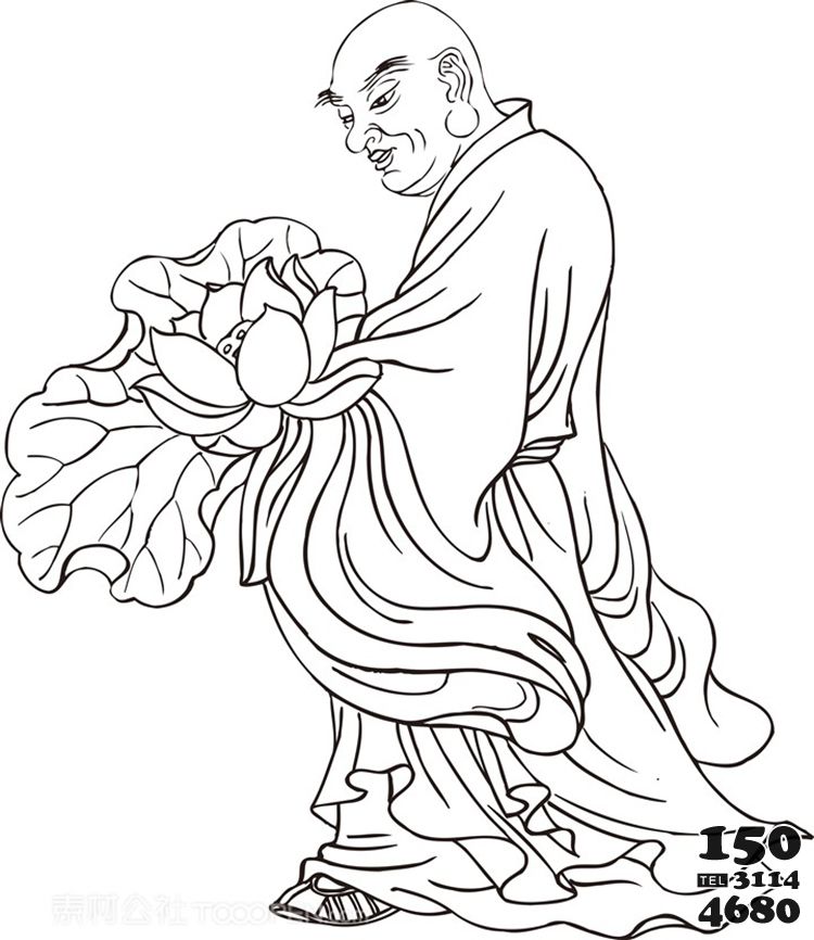 拿着大朵莲花荷花的僧人罗汉线描矢量PNG绘画图片图片