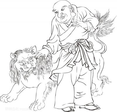 摸狮子的僧人罗汉线描矢量PNG绘画图片