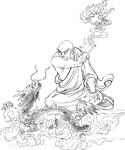 腾云驾雾降龙的僧人罗汉线描矢量PNG绘画图片